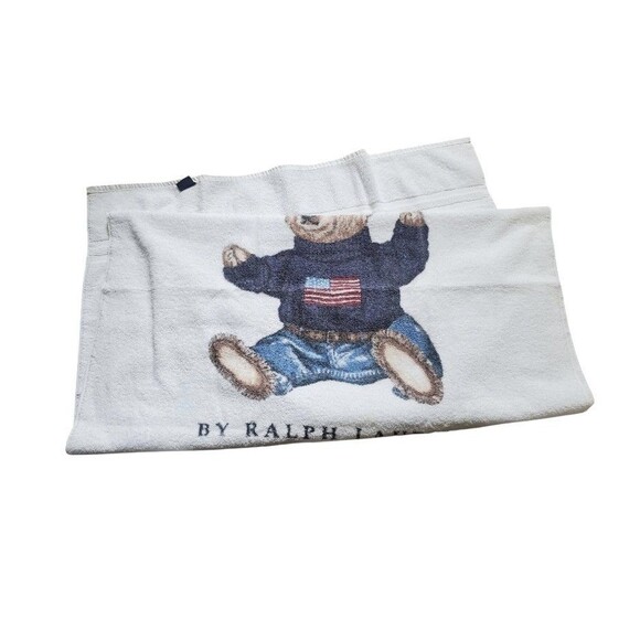 VTG Ralph Lauren Polo Bear Beach Towel 34x64 USA Flag White FLAWS READ - Picture 2 of 9